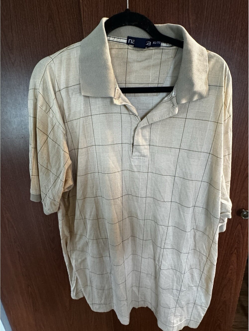 Vintage 90s Nautica Mens XL Beige Plaid Polo Shirt Made Canada Cotton